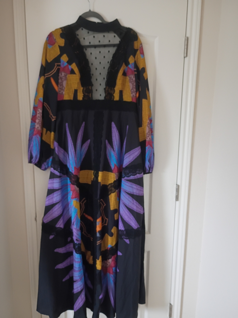 Psychedelic Black Floral Maxi Dress with Purple & Gold Print